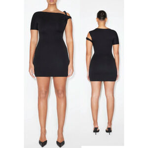 Khy Sueded Stretch Asymmetric Neck Twist Bodycon Mini Dress Black Women's XS